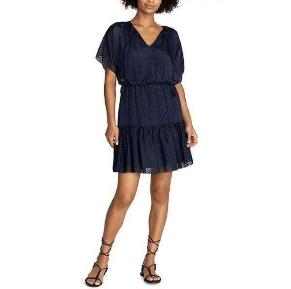 Trina Turk Mahalo Out of Office Silk Blend Mini Dress Indigo Blue M Ruffle NEW